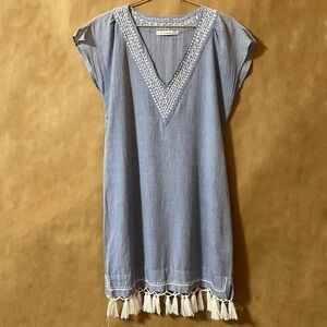 Subtle Luxury | Fringe Tassel Dress Embroidered Chambray Popover Coverup Size S